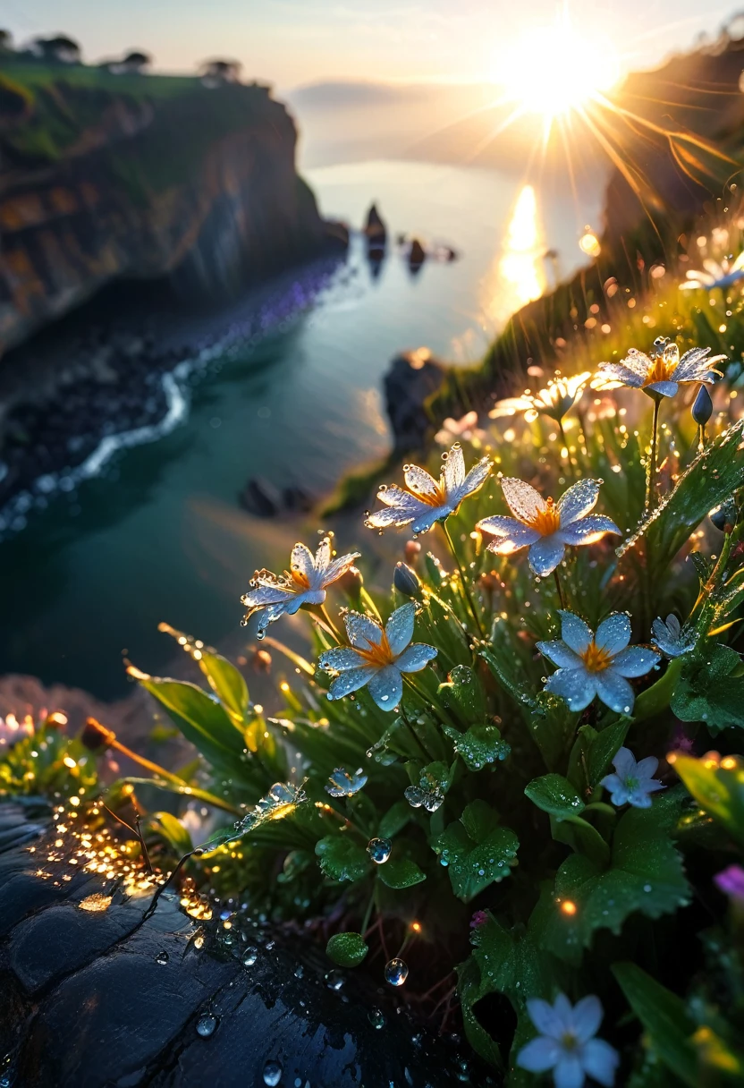 Intricate details, detailed, realism,The first rays of sunlight in the morning,Dew drops on flowers on the cliff,(sunrise,Lens Flare),Nice photos,HD Wallpapers,Natural light, dramatic, Source reality,,Dreamy and soft