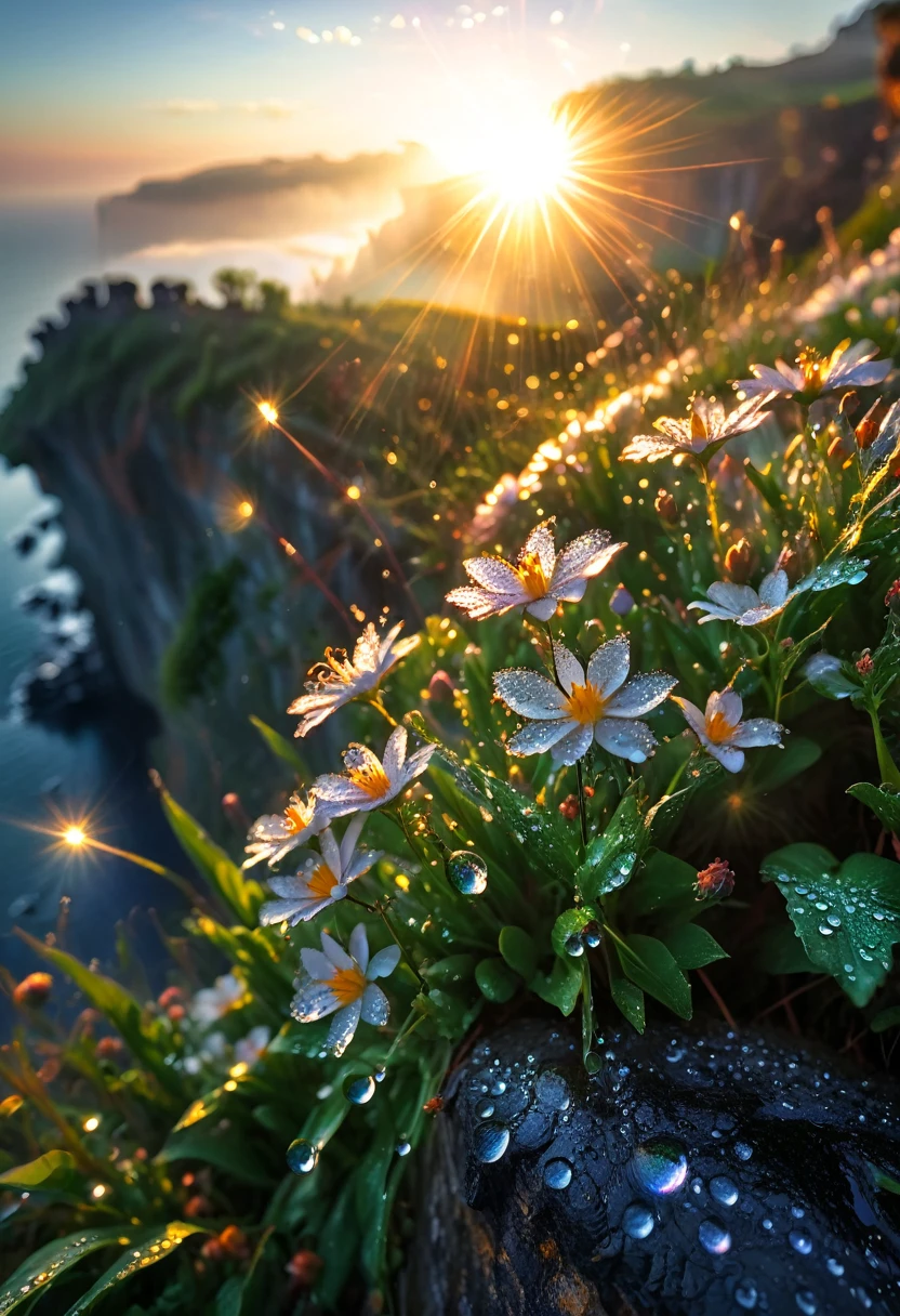 Intricate details, detailed, realism,The first rays of sunlight in the morning，Dew drops on flowers on the cliff，(sunrise，Lens Flare)，Nice photos，HD Wallpapers，Natural light, dramatic, Source reality,，Dreamy and soft
