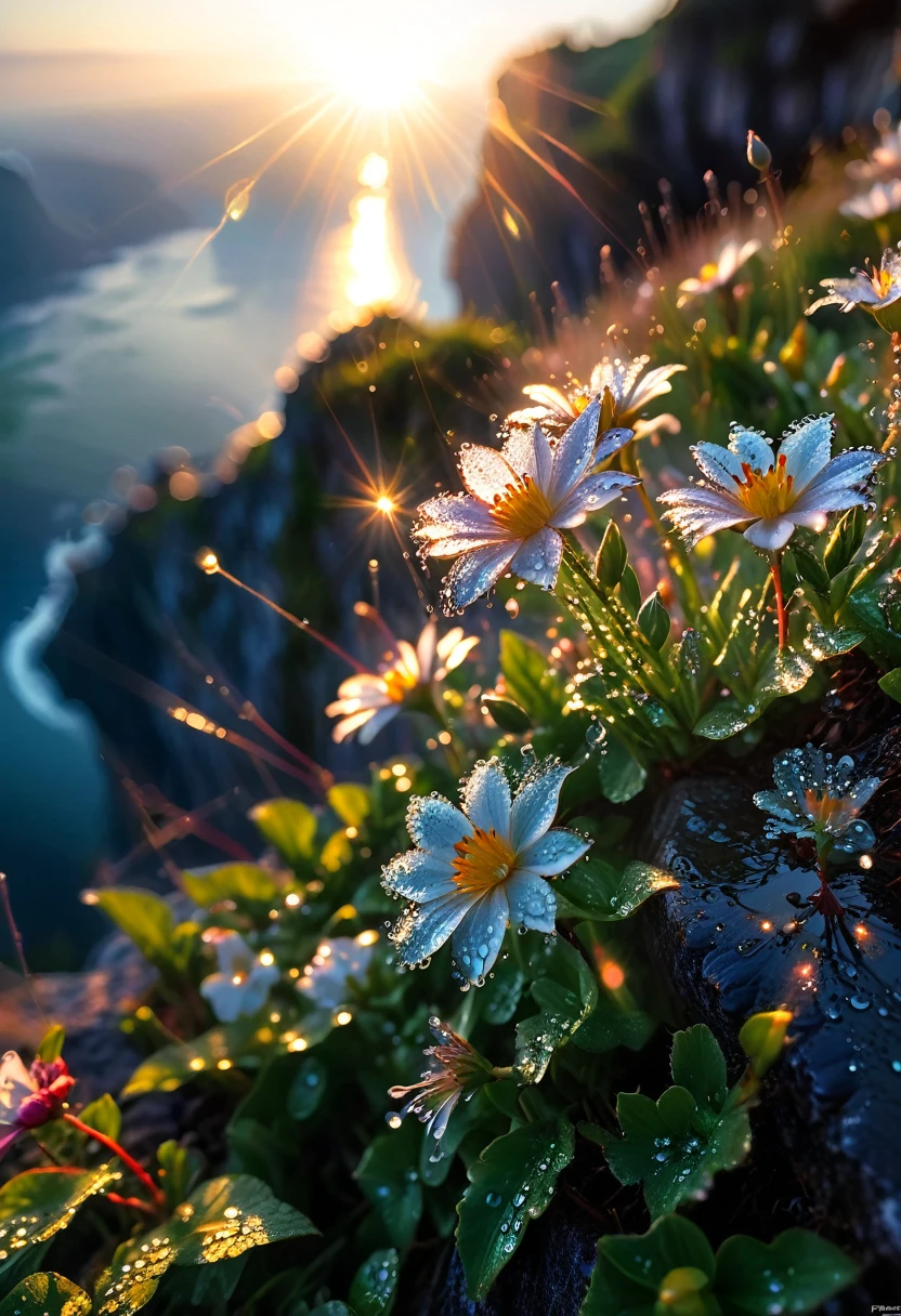 Intricate details, detailed, realism,The first rays of sunlight in the morning,Dew drops on flowers on the cliff,(sunrise,Lens Flare),Nice photos,HD Wallpapers,Natural light, dramatic, Source reality,,Dreamy and soft