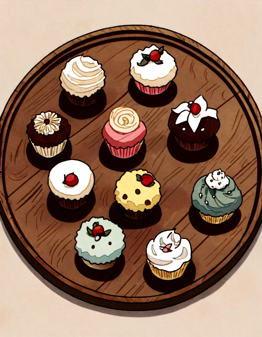 Cupcakes arranged on a wooden plate, In a muted style, Earth Colors, Viennese activism, Y2K aesthetics, Multiple styles, Petcore, Luxurious texture, High Angle、