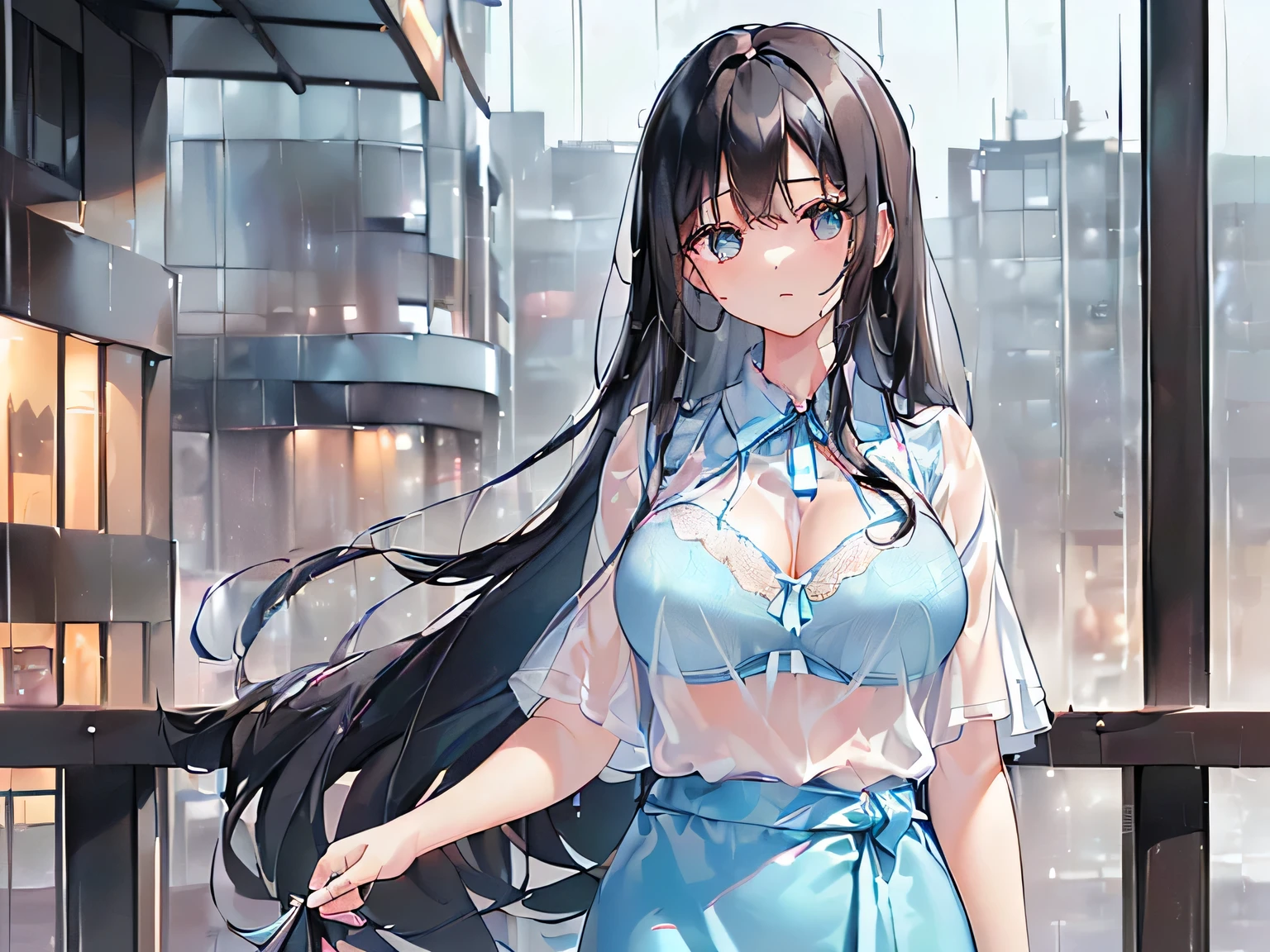 (masterpiece、Highest quality、High resolution、Realistic photo、Real looking skin:1.1)、
(The woman's clothes are wet and transparent from the rain.、I can see the light blue bra:1.8)、
(Please provide a close-up of the upper body.:1.8)、
(standing:1.5)、
(Confused expression:1.5)、
(She is wearing a white short-sleeved blouse that is worn with casual clothes.:1.8)、
(She is wearing a long blue skirt:1.5)、
(I wear pumps on my bare feet:1.5)、
(The bra is light blue:1.8)、
(I have long black hair:1.5)、
(She is 25 years old:1.5)、
(She is good-looking enough to be a receptionist.:1.5)、
(The location was a pedestrian deck in a rainy downtown area.:1.5)、
1 Japanese Girl、solo、Full Body Esbian、Beautiful Eyes、Shining Eyes、Shining thighs、NSFW