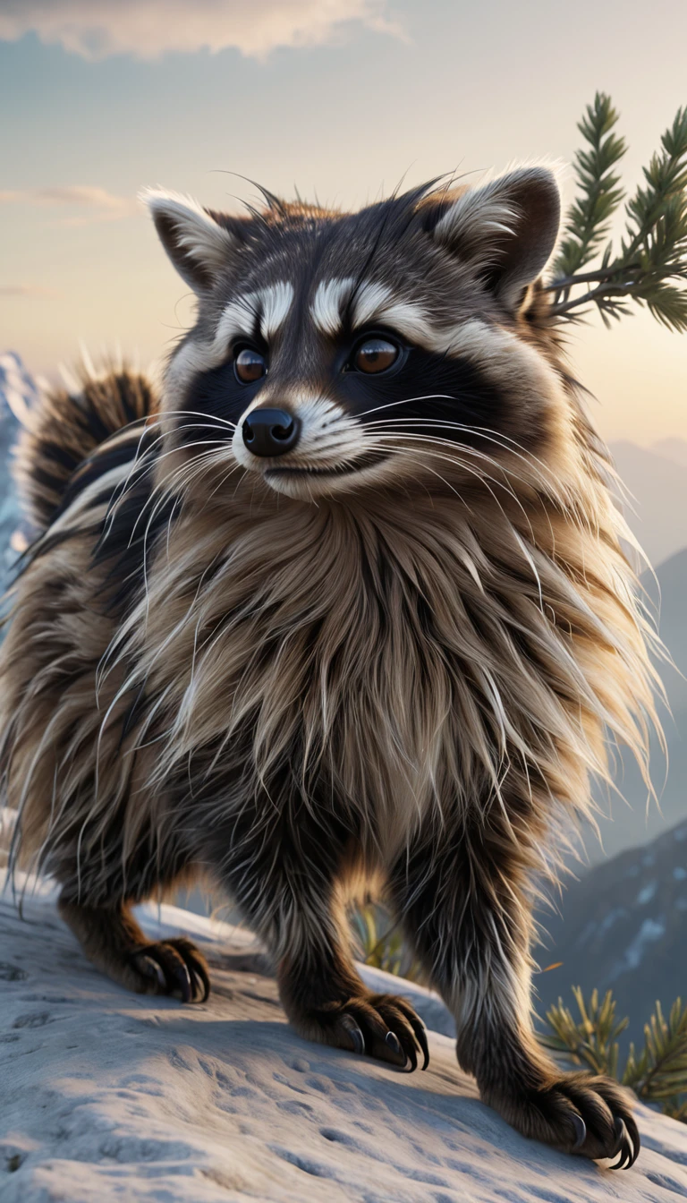 There is a beast in the mountains，Very long hair，A fantasy mythical creature that looks like a raccoon cat, shrike, (best quality，4K，8K，High level，masterpiece：1.2），Ultra Detailed，（lifelike，Photo real，Photo real：1.37），Highly detailed animals，Complex patterns，Realistic lighting，Fantasy Creatures