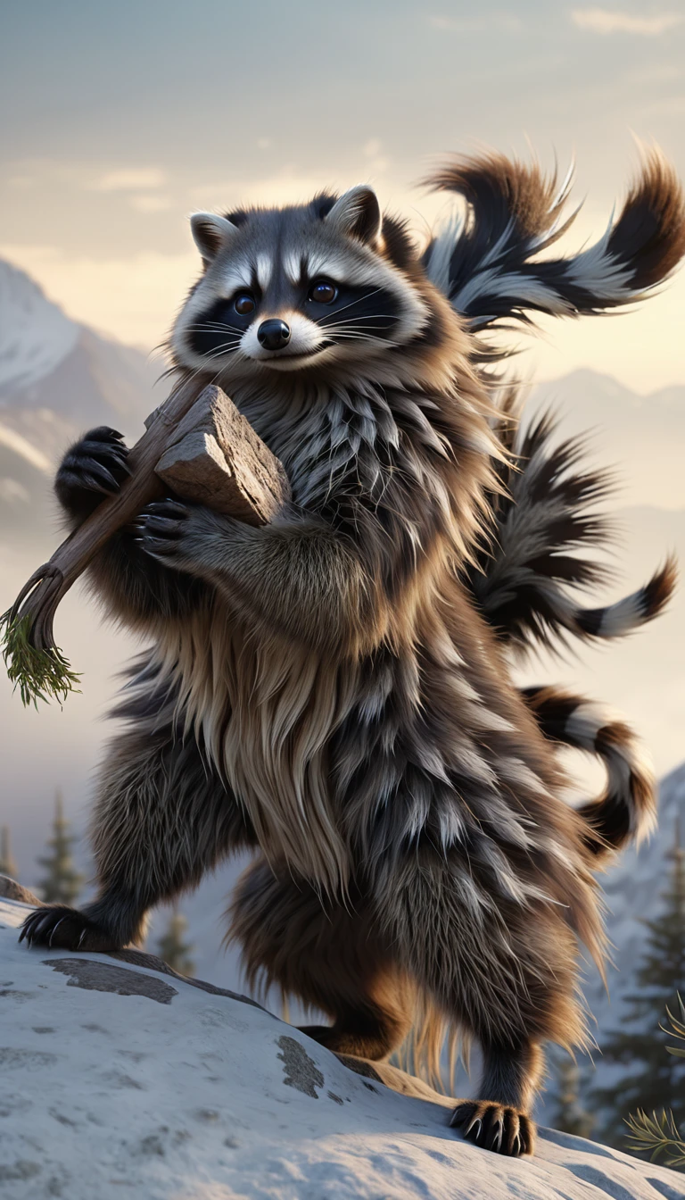 There is a beast in the mountains,Very long hair,A fantasy mythical creature that looks like a raccoon cat, shrike, (best quality,4K,8K,High level,masterpiece:1.2),Ultra Detailed,(lifelike,Photo real,Photo real:1.37),Highly detailed animals,Complex patterns,Realistic lighting,Fantasy Creatures