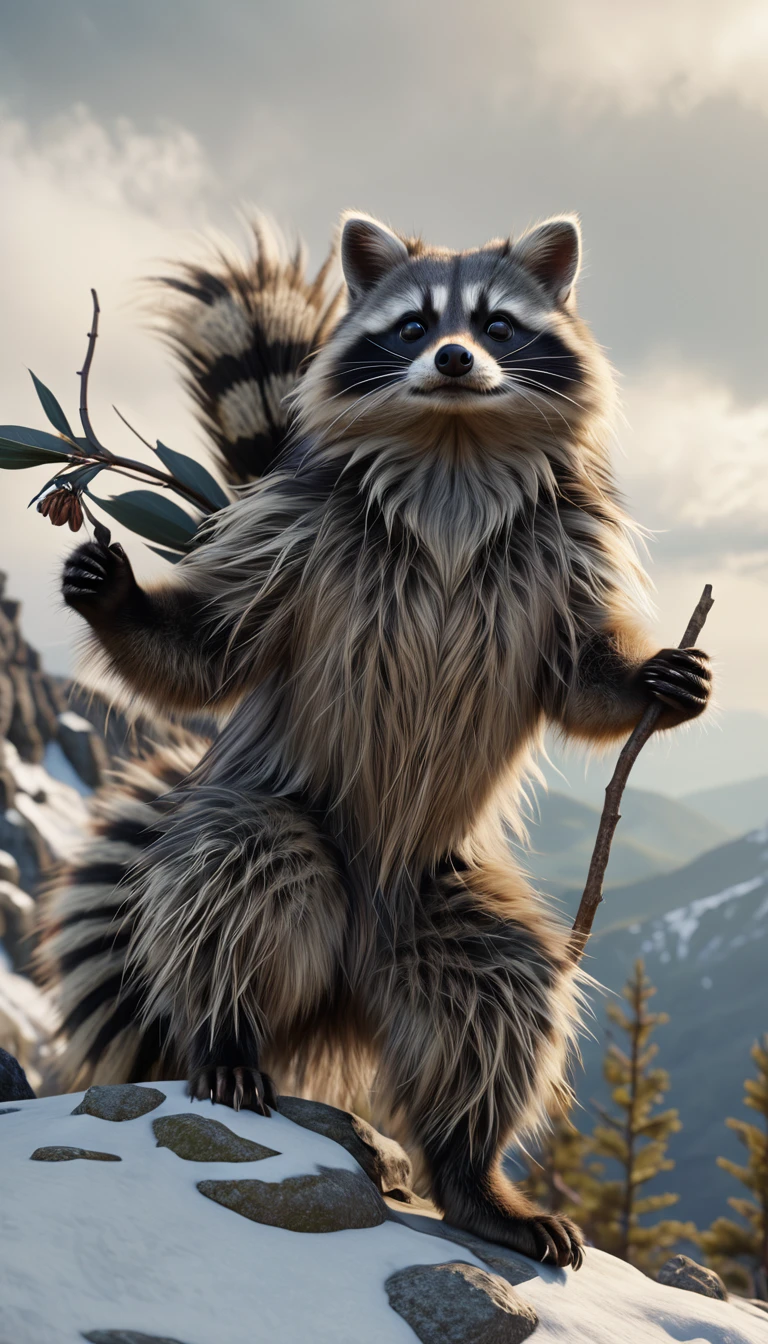 There is a beast in the mountains，Very long hair，A fantasy mythical creature that looks like a raccoon cat, shrike, (best quality，4K，8K，High level，masterpiece：1.2），Ultra Detailed，（lifelike，Photo real，Photo real：1.37），Highly detailed animals，Complex patterns，Realistic lighting，Fantasy Creatures