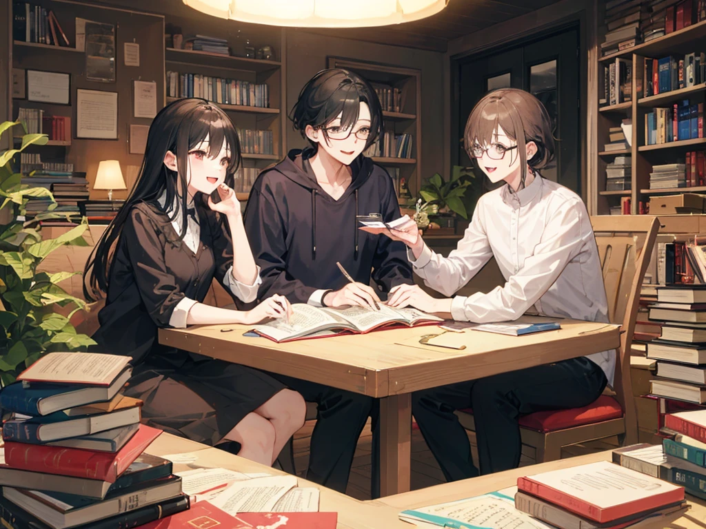 A woman and a slim man wearing glasses are having a happy conversation at night in a room cluttered with books、Both are 28 years old、