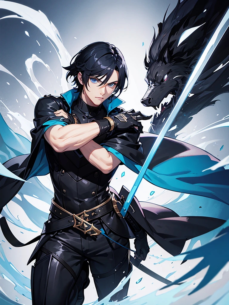 Male character with black hair and blue eyes and swords