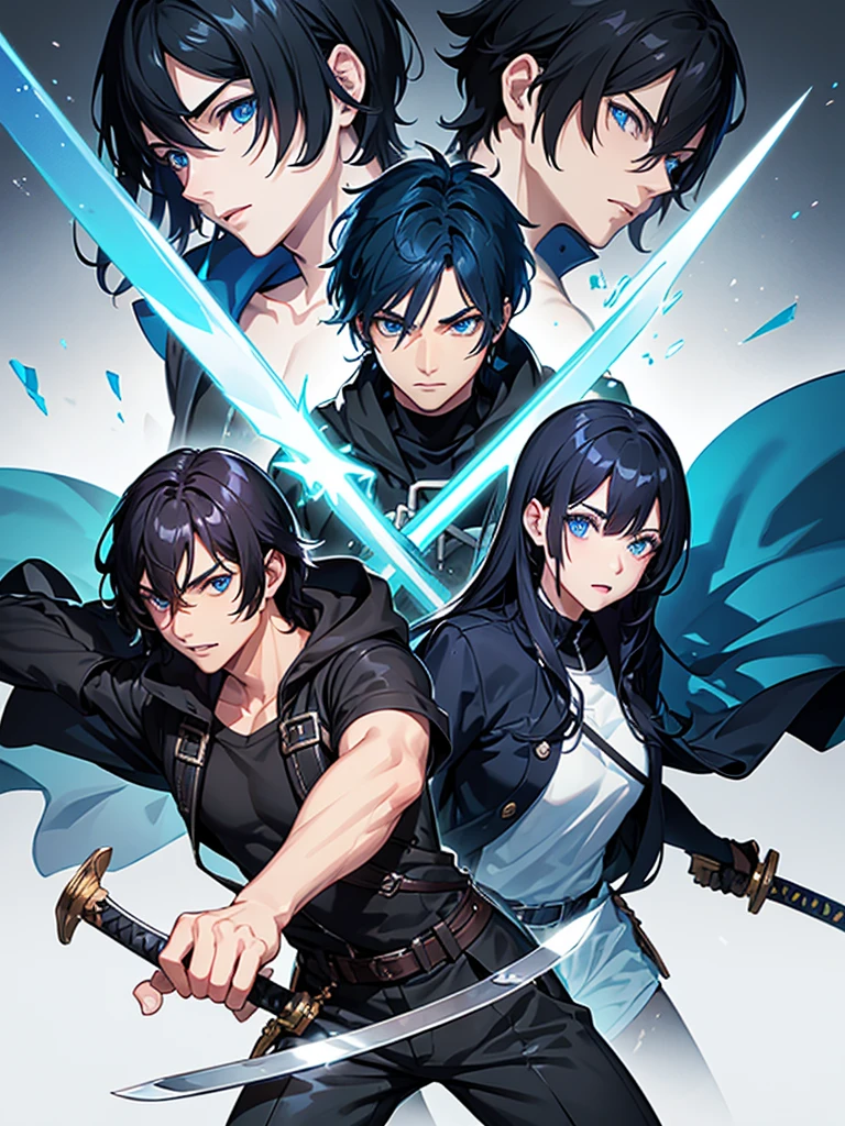 Male character with black hair and blue eyes and swords 