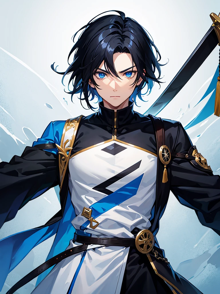 Male character with black hair and blue eyes and swords