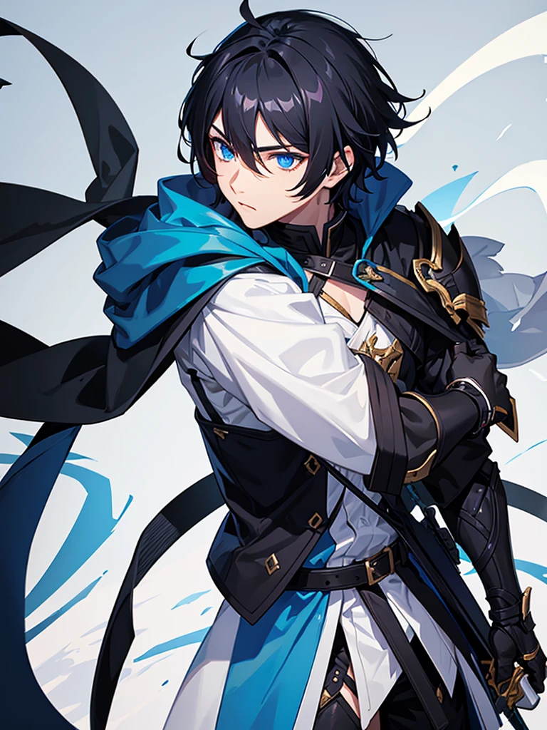 Male character with black hair and blue eyes and swords