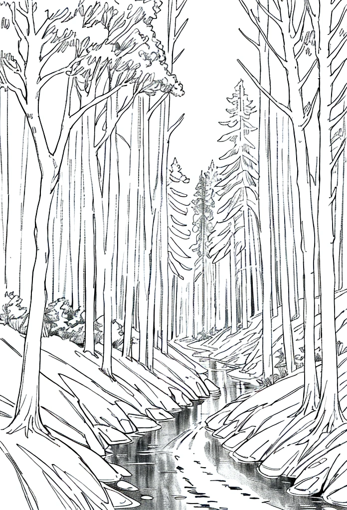 Coloring page of a forest with majestic, majestic trees through which a gentle stream flows. Include animals such as deer and birds to enhance the peaceful scene. The lines should be thick and clear, solid black lines or bold lines.