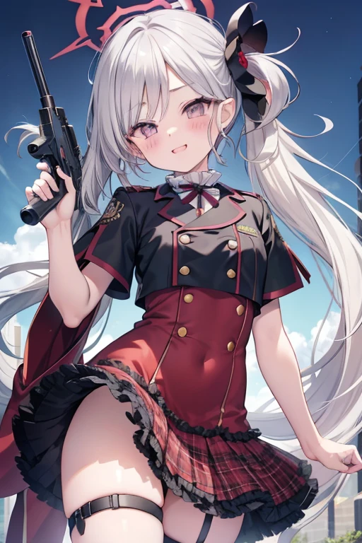 Asahi Mutsuki、Good looking girl (blush, Perfect Face), independent , Looking into the camera, masterpiece, Anime art style, Cute Characters, Most detailed, high quality、Nico Nico Smile、Show me your armpits、Silver Hair、Side Ponytail、Small breasts、ta、Combat Uniform、he has a gun,Skin area_Many,Cloth area_small