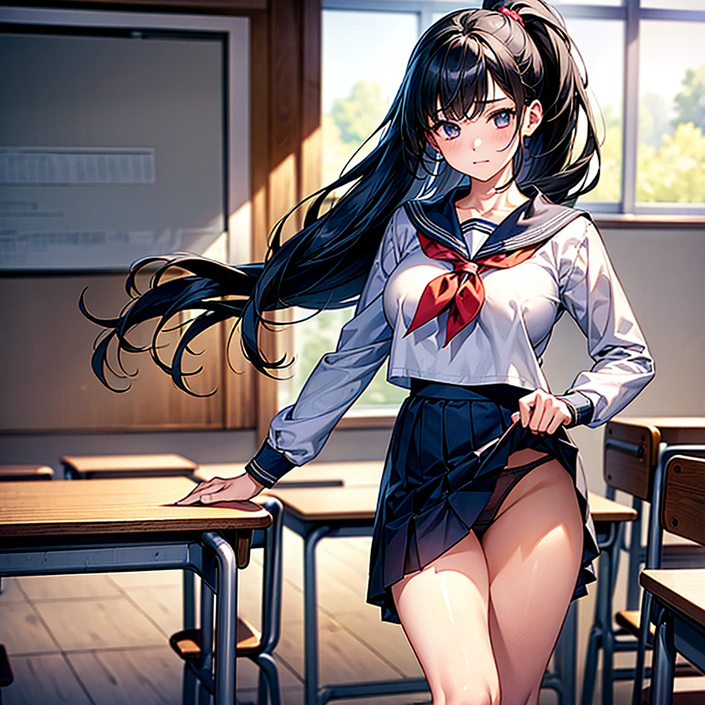 (masterpiece、Highest quality、High resolution、Highest quality、Realistic depiction)Created by Girl(whole body)、Black hair ponytail、Beautiful Eyes、high school girl、Classroom after school、Panty shot from the front、Show me your underwear、Skirt lifted、Sailor suit、　　Big Breasts、Chest、M-shaped legs、valley、Embarrassed