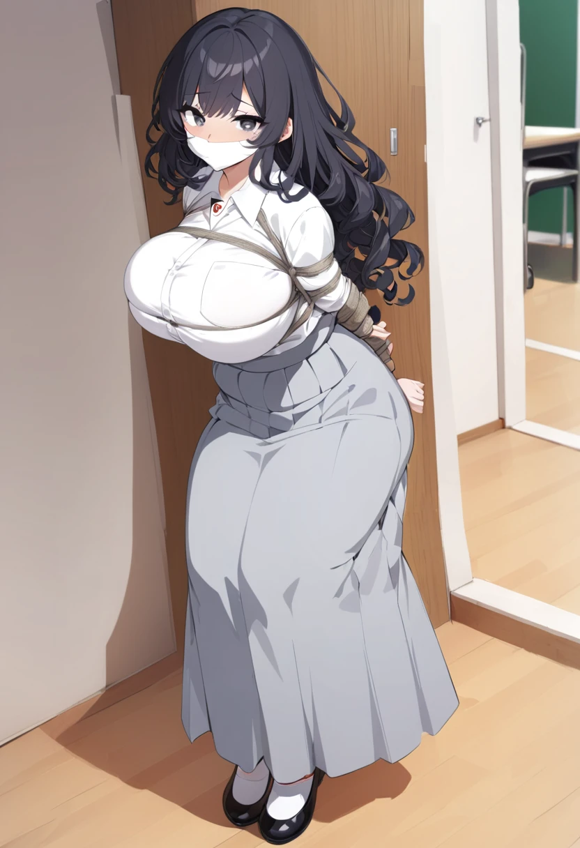 1 woman, , black curly long hair, plump body, black eyes, Indonesian high-school uniform, white shirt, osis logo on shirt pocket, natural big breasts, light-grey long skirt, full body shot, , in the classroom,high-skirt,black hair,shoes,bound with an excessive amount of ropes), (bound wirsts), (arms behind back), (tapegag, tape gag), dramatic, (looking at viewer), (detailed pupils:1.3)
masterpiece, (best quality), perfect eyes, bound, bondage, (arms behind back:1.4), bdsm, tape gag, rope, rope bondage, close-up, restrained,curled up, best anatomy, full body,