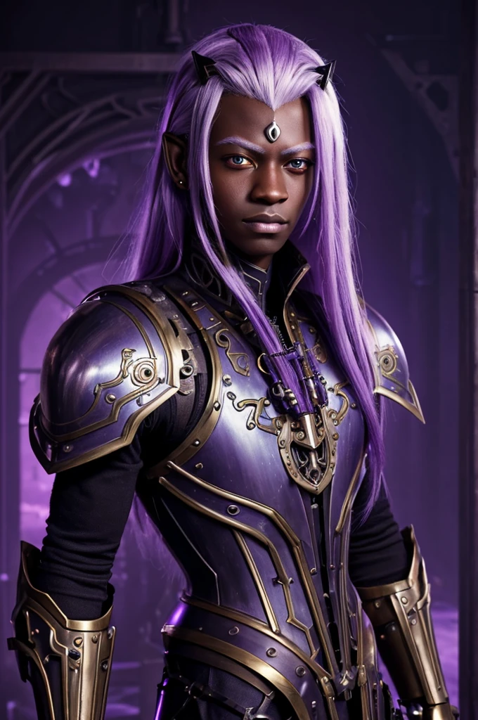 ((best quality)), ((masterpiece)), (detailed), ((boy)), ((mechanical armor)), (dungeonpunk),(steampunk), (serious), dark skinned, human, upper body, portrait, red eyes, long white hair, Xemnas from Kingdom Hearts, half-drow, pointy ears, serious face, dramatic lighting, purple hue, art by Kinema Citrus