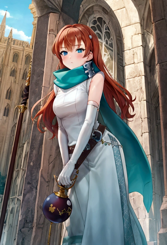 work of art, best qualityer, White girl, medium size hair, orange redhead, blush cheeks, turquoise eyes, long white dress, sleeveless, elbow gloves, light blue scarf, waist belt, docile expression, Medieval theme, RPG, castle background, sky appearing