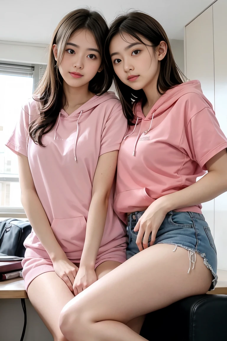 deux femmes ensemble de 18 ans sexy et mince , pink short sleeve hoodie , salle de classe, se touche,position sey,sensuel