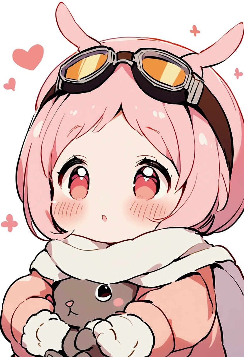 Simplify lines，2D HD，Beautiful photos，A little rabbit wearing a white scarf，Pink blush，Adorable rabbit，Rabbit with goggles on his head，Kilo，Clear lines