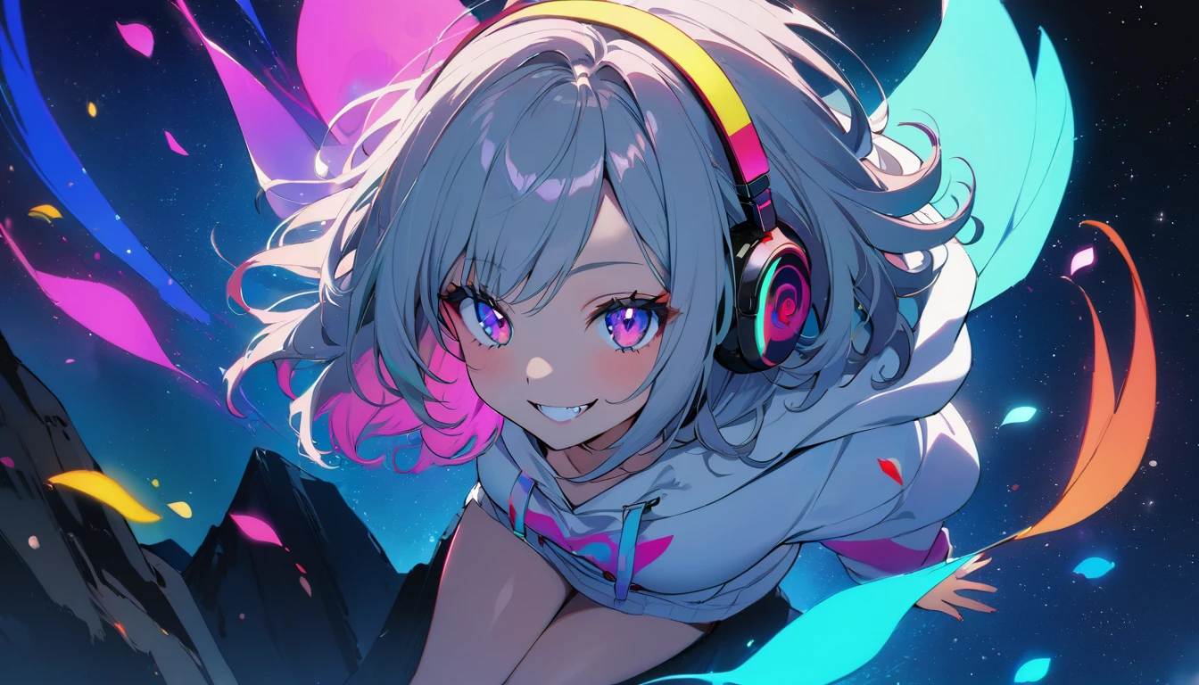 ((Masterpiece)), ((best quality)), (Anime:1.3), (super detail:1.2), (High Definition:1.3), (Professional Photography:1.3),cute young Girl, Glossy unruly hair, (loose swept bangs), (silver ash hair), medium hair, big eyes, (Eye bags:1.3), (Long eyelashes), colorful eyes, (evil smile and blush), Glossy lips, (jagged teeth), ((white hoodie with oversized)), barearms, cute, (colorful:1.3), gothic makeup, (sitting on the edge), colorful petals dance around her, starry night, neon lit, Peter Benjamin Graham, a wanderer on a mountain, wearing headphones, (full body:1.3), (gazing skyward:1.3),(from aerial shot:2),