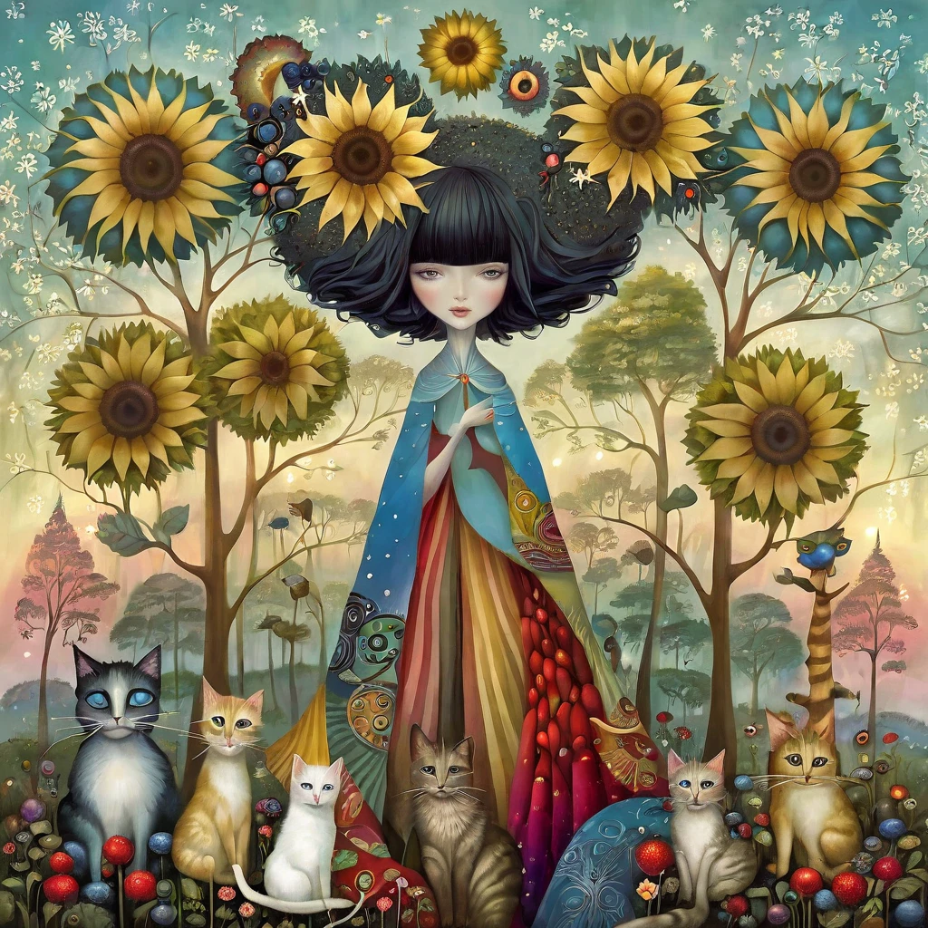 Patchwork by Klimt, Nicoletta Ceccoli, Naoto Hattori, Lawrence Didier, Leonora Carrington European woman with short black hair and a long wide skirt walks through a beautiful forest with oddly shaped trees of many colors, baobabs. holds flowers and berries. Around her very long-necked cats. warm colors, blue sky and sunshine.sunflower flowers and dandelion flowers