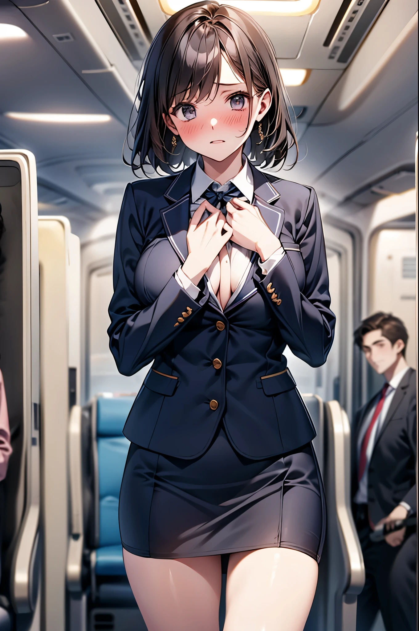 (1 person、alone), Beautiful woman, Anatomically perfect body, Slender、(stewardess、Cabin attendant), Japan Air Line uniform、Jacket、skirt、(Look down:1.2), (Pussy juice:1.1)、(Hold my chest:1.2)、20-year-old、(Highest quality)、Black Hair, (Half Up:1.1), On the plane、(8K, High resolution)、(shy:1.4)、medium breast, (steam:1.1), (embarrassed:1.3), show off nipples under shirt
