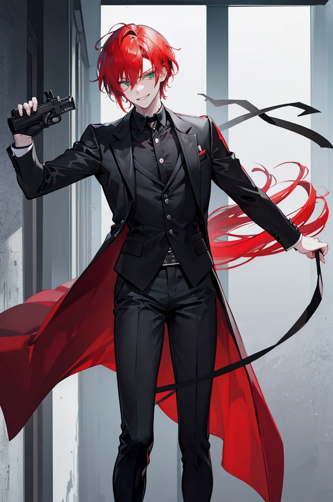 26-year-old man, red hair in different shades and emerald eyes, atractive, dressed as a spy with a gun in his hands and an evil smile on his face.