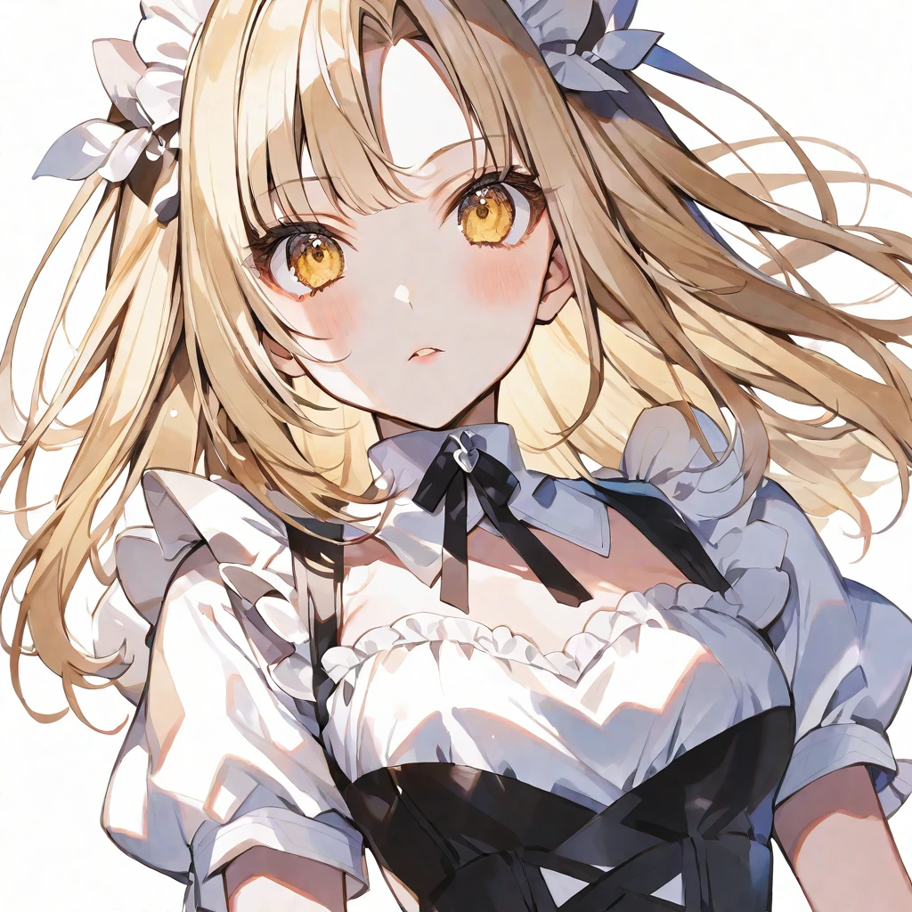solo,handsome, Watercolor,
1. Female,
hime cut,Straight Hair,Bob Hair,
blonde hair, Nakano nino,
yellow Eyes, succubus
maid's clothes,
skin,Silver Accessories,Face up,icon,
White background,