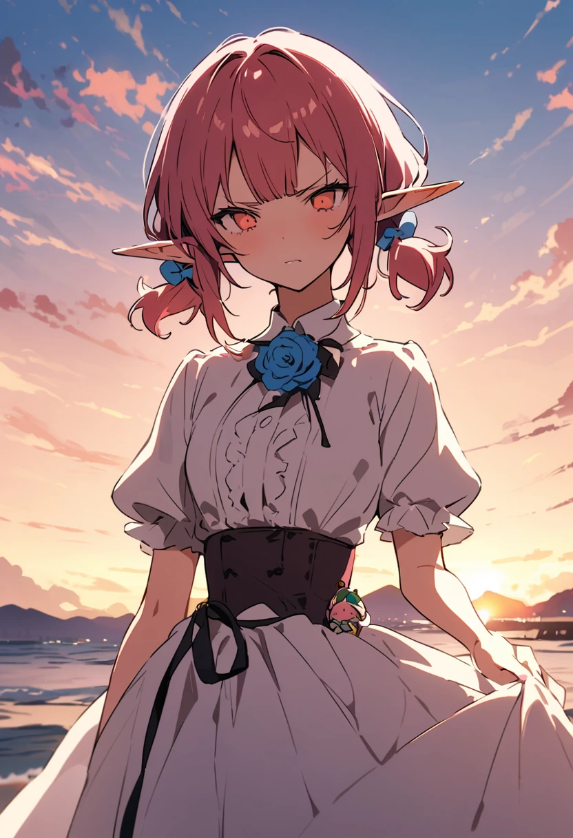 masterpiece, Highest quality, Illustration of the novel, High resolution, 18+ Adult content, Sensual, Intimate, Emotional, Passionate, romantic, sweet, Adorable, Innocent, Pure, charmな, charmな, charm, mysterious, charmな, charmな, Immersive, charmな, dream-like, Surreal, Imaginative, Whimsical, Artistic, Avant-garde, timeless, elegant, Sophisticated, chic, Sophisticated, Personality, original, charmな,((Loli Elf:1.3)),((A look of disgust:1.3))、Upper Body、(a bit),((Sunrise time/Sunrise time/Sunrise time:1.3))
