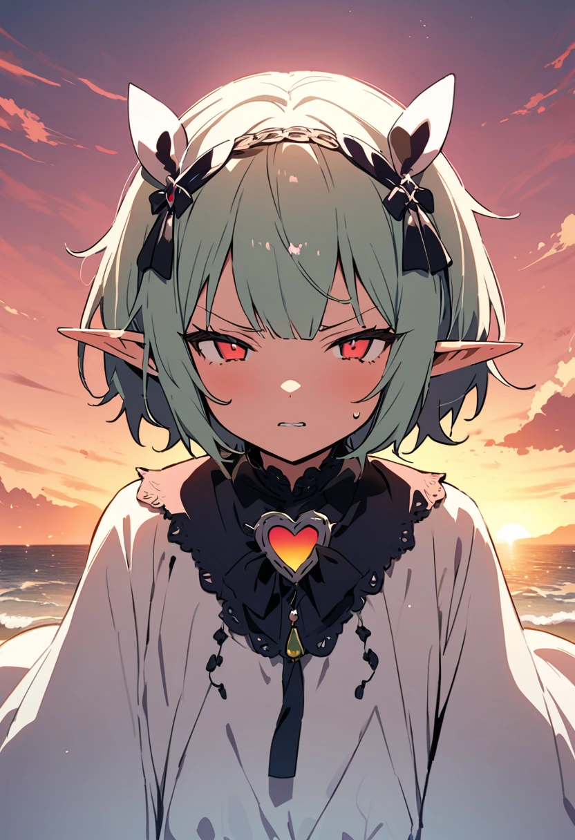 masterpiece, Highest quality, Illustration of the novel, High resolution, 18+ Adult content, Sensual, Intimate, Emotional, Passionate, romantic, sweet, Adorable, Innocent, Pure, charmな, charmな, charm, mysterious, charmな, charmな, Immersive, charmな, dream-like, Surreal, Imaginative, Whimsical, Artistic, Avant-garde, timeless, elegant, Sophisticated, chic, Sophisticated, Personality, original, charmな,((Loli Elf:1.3)),((A look of disgust:1.3))、Upper Body、(a bit),((Sunrise time/Sunrise time/Sunrise time:1.3))
