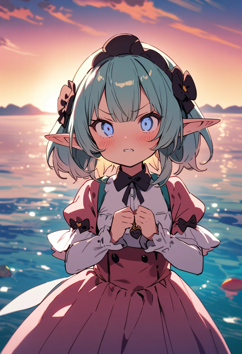 masterpiece, Highest quality, Illustration of the novel, High resolution, 18+ Adult content, Sensual, Intimate, Emotional, Passionate, romantic, sweet, Adorable, Innocent, Pure, charmな, charmな, charm, mysterious, charmな, charmな, Immersive, charmな, dream-like, Surreal, Imaginative, Whimsical, Artistic, Avant-garde, timeless, elegant, Sophisticated, chic, Sophisticated, Personality, original, charmな,((Loli Elf:1.3)),((A look of disgust:1.3))、Upper Body、(a bit),((Sunrise time/Sunrise time/Sunrise time:1.3))