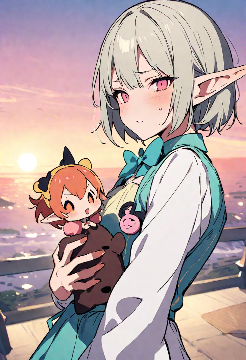 masterpiece, Highest quality, Illustration of the novel, High resolution, 18+ Adult content, Sensual, Intimate, Emotional, Passionate, romantic, sweet, Adorable, Innocent, Pure, charmな, charmな, charm, mysterious, charmな, charmな, Immersive, charmな, dream-like, Surreal, Imaginative, Whimsical, Artistic, Avant-garde, timeless, elegant, Sophisticated, chic, Sophisticated, Personality, original, charmな,((Loli Elf:1.3)),((A look of disgust:1.3))、Upper Body、(a bit),((Sunrise time/Sunrise time/Sunrise time:1.3))