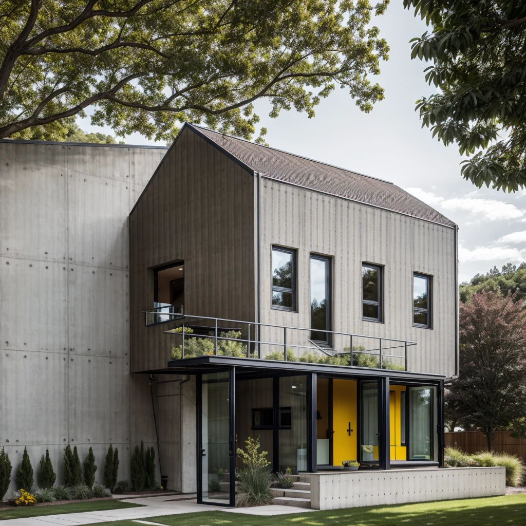 house exterior industry style, dark yellow and green color scheme, like an oldtime industry factory,raw materials, exposed structural elements, and simple, clean lines,rough-hewn steel, polished concrete, glass, and exposured brick,