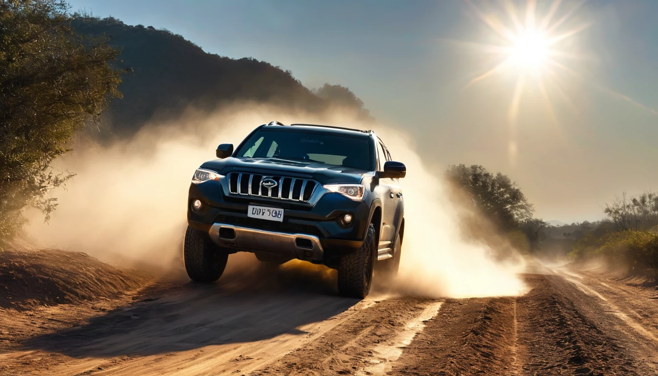A black SUV is performing a dramatic maneuver on a dirt road, raising a cloud of dust around you. The lighting is low, suggesting late afternoon or early morning, with sunlight highlighting the vehicle&#39;s robust silhouette. No fundo, a backdrop of hills and desert vegetation adds an element of wildness and adventure. The car&#39;s front lights are on, highlighting the intense action and the sensation of speed. The atmosphere is electrifying, evoking a scene of chase or exploration across challenging, inhospitable terrain. hyper realistic composition,32k resolution,cinematic composition,cinematic color grading.photography whit Phaseone 85mm,depth of field.





