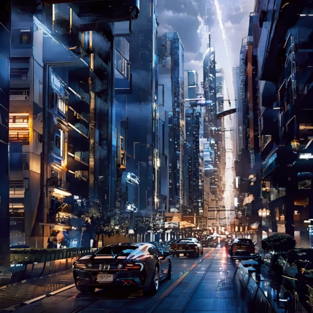 There are many wealthy people, Happy future city，Have pets, Different luxury cars, there are different types of people, Live together, There is a male protagonist