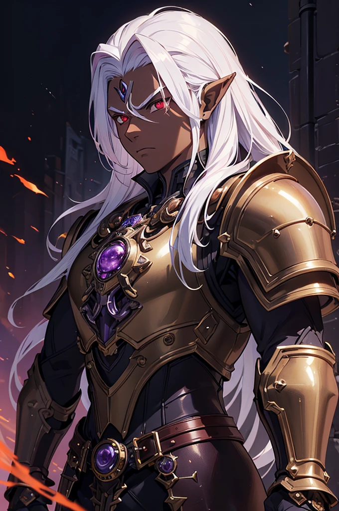 ((best quality)), ((masterpiece)), (detailed), ((boy)), ((mechanical armor)), (dungeonpunk),(steampunk), (serious), dark skinned, human, upper body, portrait, red eyes, long white hair, Xemnas from Kingdom Hearts, half-drow, pointy ears, serious face, dramatic lighting, purple hue, art by Kinema Citrus