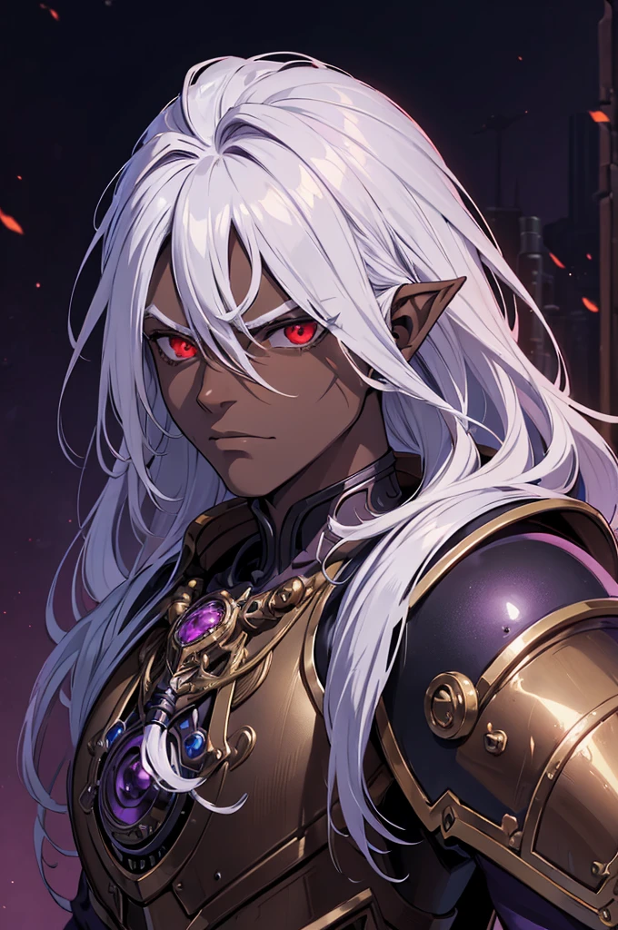 ((best quality)), ((masterpiece)), (detailed), ((boy)), ((mechanical armor)), (dungeonpunk),(steampunk), (serious), dark skinned, human, upper body, portrait, red eyes, long white hair, Xemnas from Kingdom Hearts, half-drow, pointy ears, serious face, dramatic lighting, purple hue, art by Kinema Citrus