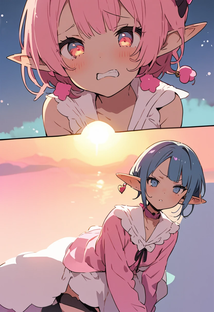 masterpiece, Highest quality, Illustration of the novel, High resolution, 18+ Adult content, Sensual, Intimate, Emotional, Passionate, romantic, sweet, Adorable, Innocent, Pure, charmな, charmな, charm, mysterious, charmな, charmな, Immersive, charmな, dream-like, Surreal, Imaginative, Whimsical, Artistic, Avant-garde, timeless, elegant, Sophisticated, chic, Sophisticated, Personality, original, charmな,((Loli Elf:1.3)),((A look of disgust:1.3))、Upper Body、(a bit),((Sunrise Time/Sunrise time/sunrise time:1.3))