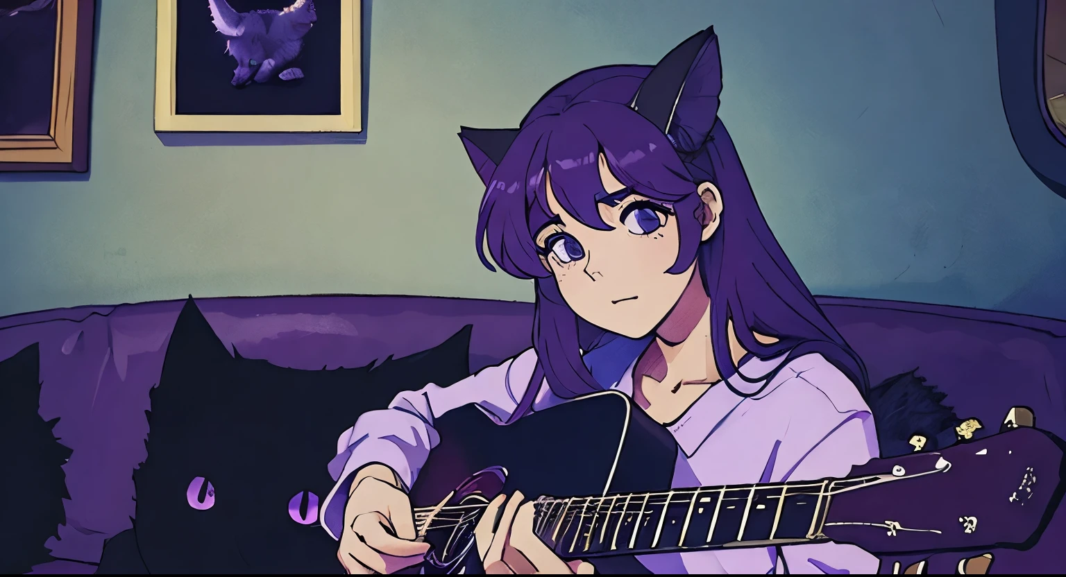 A woman is sitting on a sofa full of images.
her hair is purple.
The sofa is facing this way.
The room is dark.
A woman is listening to music on a tablet.
The woman is looking up.
There is a guitar on the wall.
There are pictures of cats on the wall.