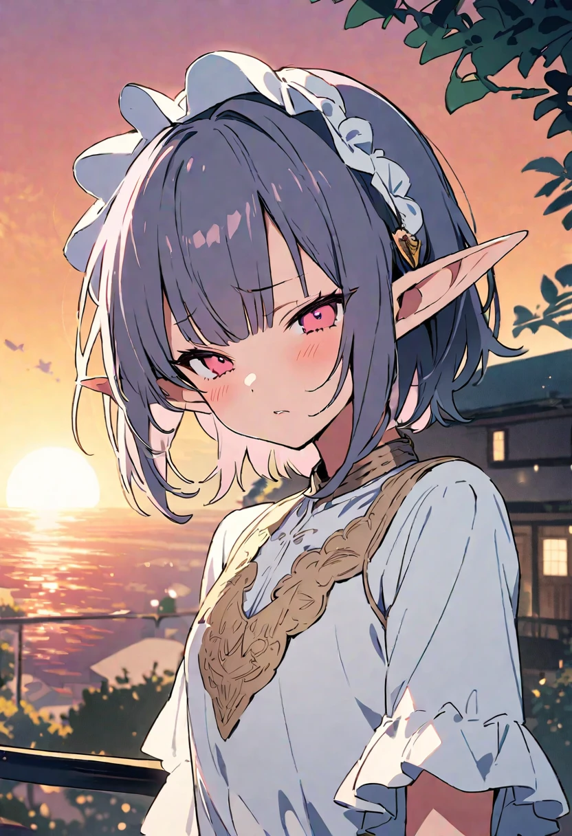 masterpiece, Highest quality, Illustration of the novel, High resolution, 18+ Adult content, Sensual, Intimate, Emotional, Passionate, romantic, sweet, Adorable, Innocent, Pure, charmな, charmな, charm, mysterious, charmな, charmな, Immersive, charmな, dream-like, Surreal, Imaginative, Whimsical, Artistic, Avant-garde, timeless, elegant, Sophisticated, chic, Sophisticated, Personality, original, charmな,((Loli Elf:1.3)),((A look of disgust:1.3))、Upper Body、(a bit),((Sunrise Time/Sunrise time/sunrise time:1.3))
