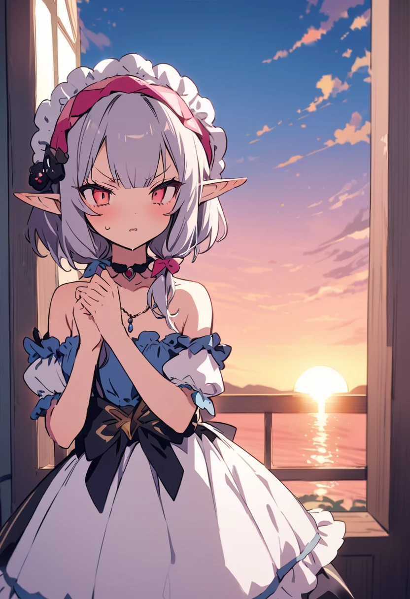 masterpiece, Highest quality, Illustration of the novel, High resolution, 18+ Adult content, Sensual, Intimate, Emotional, Passionate, romantic, sweet, Adorable, Innocent, Pure, charmな, charmな, charm, mysterious, charmな, charmな, Immersive, charmな, dream-like, Surreal, Imaginative, Whimsical, Artistic, Avant-garde, timeless, elegant, Sophisticated, chic, Sophisticated, Personality, original, charmな,((Loli Elf:1.3)),((A look of disgust:1.3))、Upper Body、(a bit),((Sunrise Time/Sunrise time/sunrise time:1.3))
