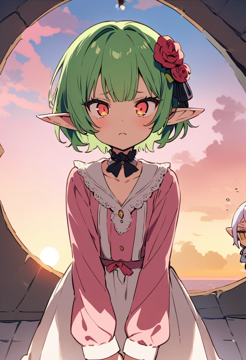 masterpiece, Highest quality, Illustration of the novel, High resolution, 18+ Adult content, Sensual, Intimate, Emotional, Passionate, romantic, sweet, Adorable, Innocent, Pure, charmな, charmな, charm, mysterious, charmな, charmな, Immersive, charmな, dream-like, Surreal, Imaginative, Whimsical, Artistic, Avant-garde, timeless, elegant, Sophisticated, chic, Sophisticated, Personality, original, charmな,((Loli Elf:1.3)),((A look of disgust:1.3))、Upper Body、(a bit),((Sunrise Time/Sunrise time/sunrise time:1.3))