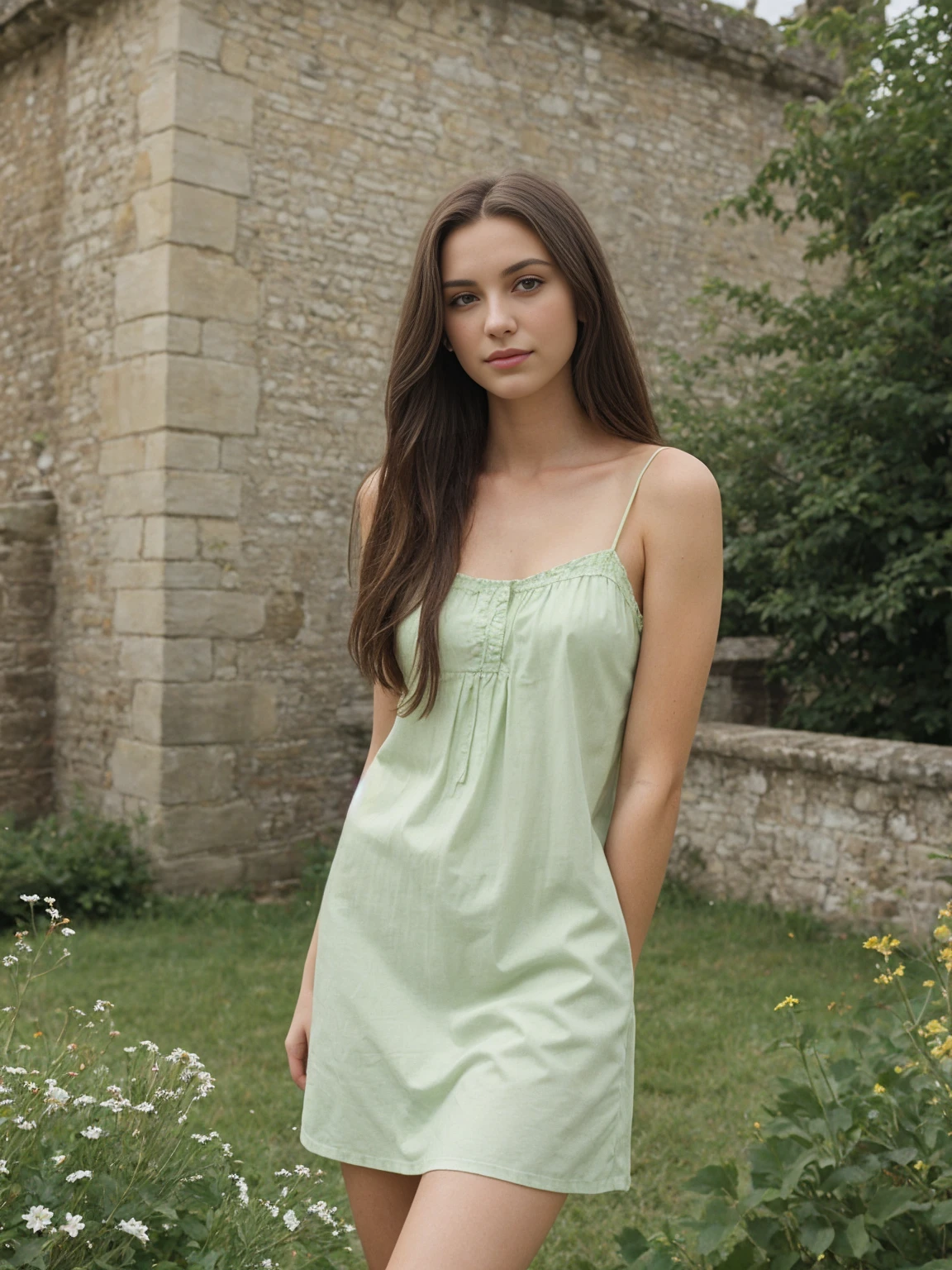 20 year old brunette, chemise verte foncée, Medium to large breasts, Without neckline, dehors, from front shot, castle