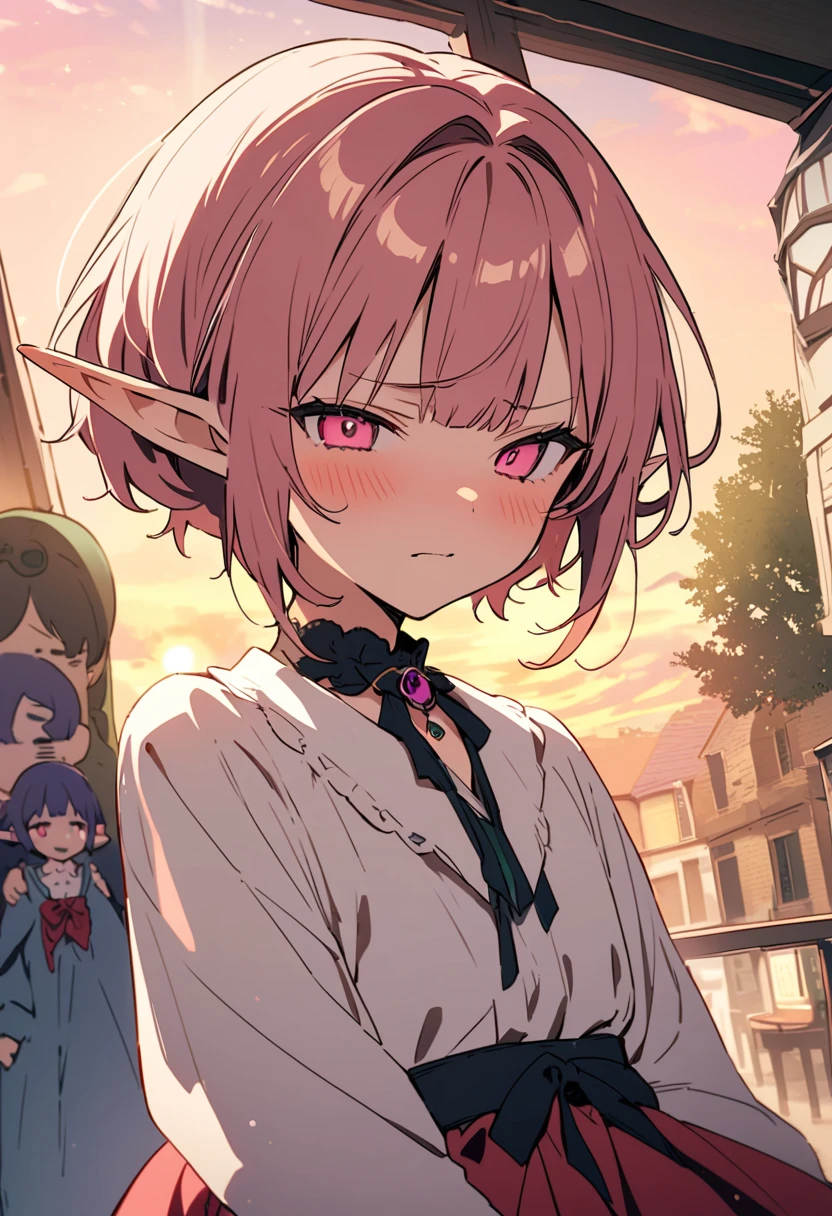 masterpiece, Highest quality, Illustration of the novel, High resolution, 18+ Adult content, Sensual, Intimate, Emotional, Passionate, romantic, sweet, Adorable, Innocent, Pure, charmな, charmな, charm, mysterious, charmな, charmな, Immersive, charmな, dream-like, Surreal, Imaginative, Whimsical, Artistic, Avant-garde, timeless, elegant, Sophisticated, chic, Sophisticated, Personality, original, charmな,((Loli Elf:1.3)),((A look of disgust:1.3))、Upper Body、(a bit),((Sunrise Time/Sunrise time/sunrise time:1.3))