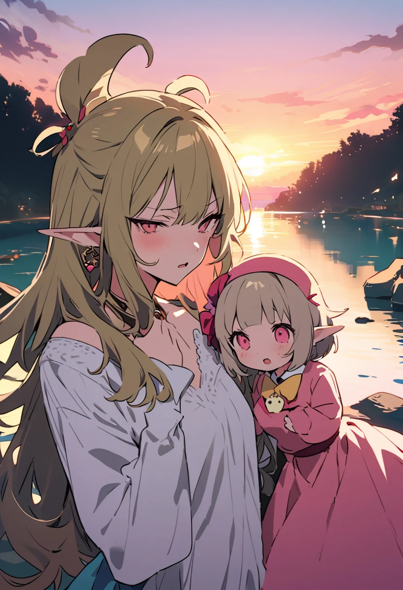 masterpiece, Highest quality, Illustration of the novel, High resolution, 18+ Adult content, Sensual, Intimate, Emotional, Passionate, romantic, sweet, Adorable, Innocent, Pure, charmな, charmな, charm, mysterious, charmな, charmな, Immersive, charmな, dream-like, Surreal, Imaginative, Whimsical, Artistic, Avant-garde, timeless, elegant, Sophisticated, chic, Sophisticated, Personality, original, charmな,((Loli Elf:1.3)),((A look of disgust:1.3))、Upper Body、(a bit),((Sunrise Time/Sunrise time/sunrise time:1.3))