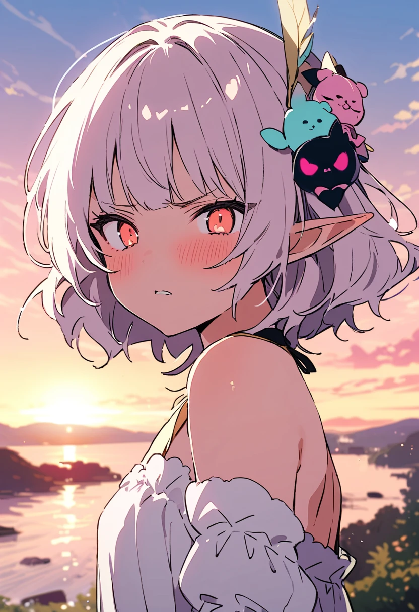 masterpiece, Highest quality, Illustration of the novel, High resolution, 18+ Adult content, Sensual, Intimate, Emotional, Passionate, romantic, sweet, Adorable, Innocent, Pure, charmな, charmな, charm, mysterious, charmな, charmな, Immersive, charmな, dream-like, Surreal, Imaginative, Whimsical, Artistic, Avant-garde, timeless, elegant, Sophisticated, chic, Sophisticated, Personality, original, charmな,((Loli Elf:1.3)),((A look of disgust:1.3))、Upper Body、(a bit),((Sunrise Time/Sunrise time/sunrise time:1.3))