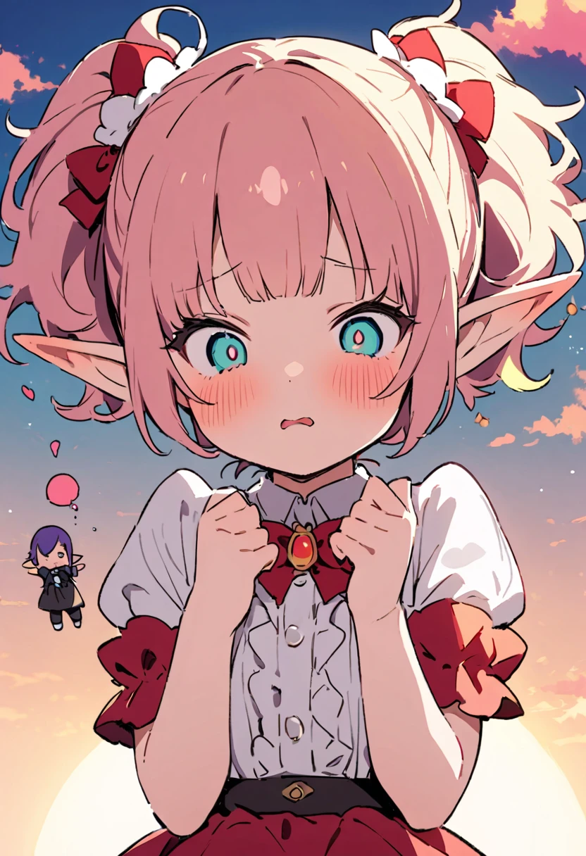 masterpiece, Highest quality, Illustration of the novel, High resolution, 18+ Adult content, Sensual, Intimate, Emotional, Passionate, romantic, sweet, Adorable, Innocent, Pure, charmな, charmな, charm, mysterious, charmな, charmな, Immersive, charmな, dream-like, Surreal, Imaginative, Whimsical, Artistic, Avant-garde, timeless, elegant, Sophisticated, chic, Sophisticated, Personality, original, charmな,((Loli Elf:1.3)),((A look of disgust:1.3))、Upper Body、(a bit),((Sunrise Time/Sunrise time/sunrise time:1.3))