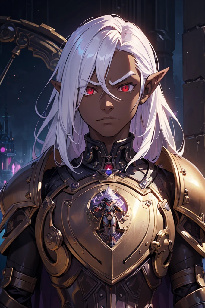 ((best quality)), ((masterpiece)), (detailed), ((boy)), ((mechanical armor)), (dungeonpunk),(steampunk), (serious), dark skinned, human, upper body, portrait, red eyes, long white hair, Xemnas from Kingdom Hearts, half-drow, pointy ears, serious face, dramatic lighting, purple hue, art by Kinema Citrus