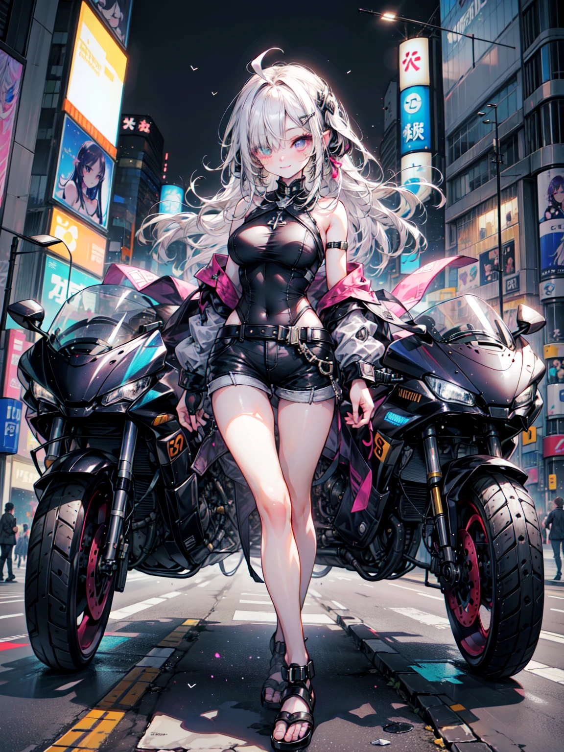 super high quality、8K quality、High resolution、Image quality captured with a single-lens reflex camera、Perfect Anatomy、Green Eyes、Blushing:0.4}}smile、Gal Mecha Girl、bright金髪の美しい女の子、Big Breasts、Mechanical parts for large sunglasses with a three-dimensional effect:1.2)（leather jacket、Sexy gal style tops、Denim Damage Shorts:1.2)(Mechanical parts below the elbow and knee:1.5)break、（Perfect Anatomy:1.4）break(Shibuya scramble crossing at night:1.4)、Machine Armor、Organic Armor Cyborg、Armor Texture、Blake、(Dark Elf), (1 Girl), alone, Perfect Face, Get used to it, Ahoge, ((Long Hair:1.2)), (Hair above one eye:1.3), [[Messy Hair]], Shiny blonde white hair, Purple eyes, Variegated eyes, Colorful Hair, Shining Eyes, (eyelash, eye shadow, pink eye shadow), bright, smile, Design Art：haruhiko mikimoto, by Kawashi, By Yoshitaka Amano, Dark Skin