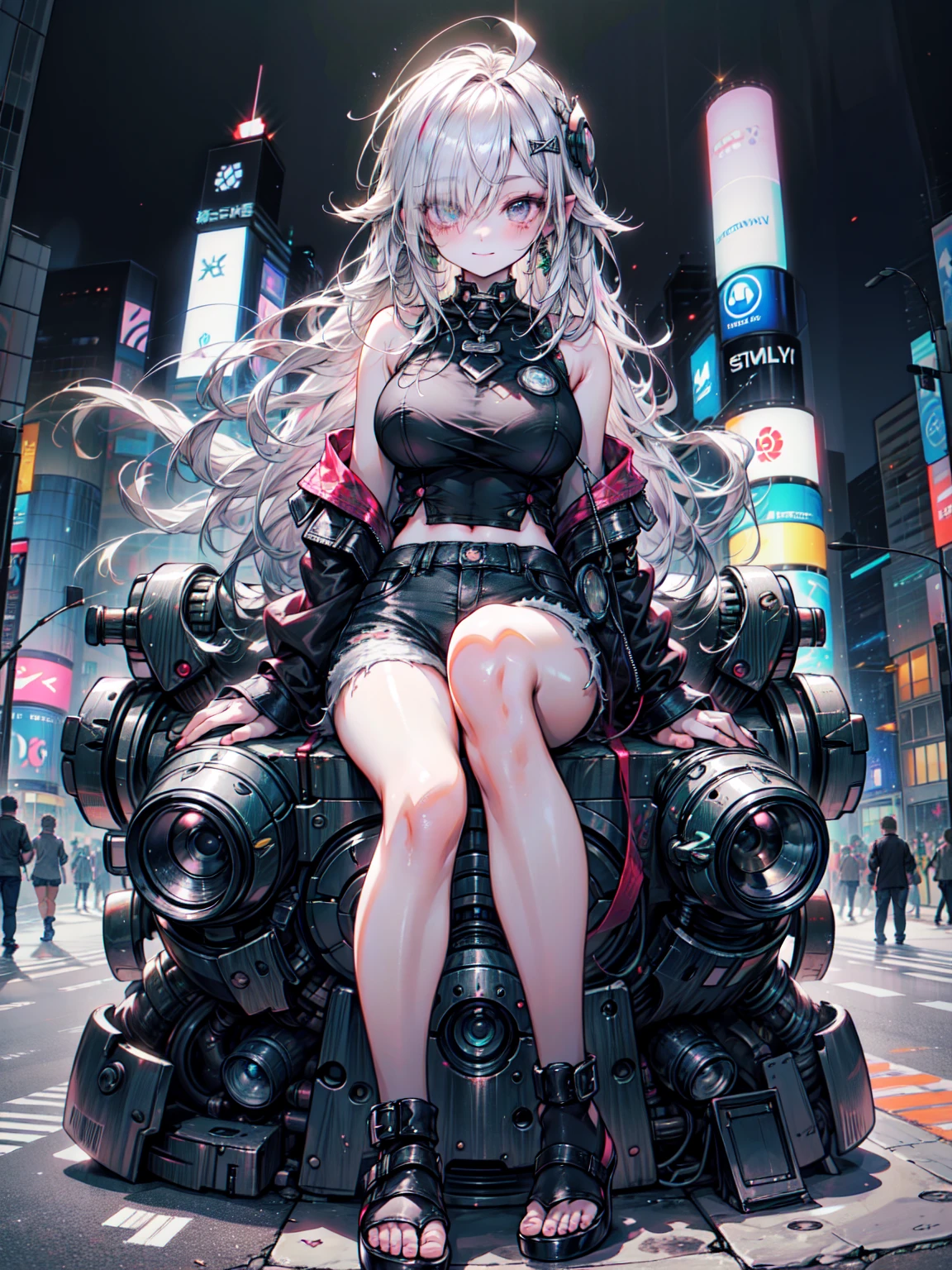 super high quality、8K quality、High resolution、Image quality captured with a single-lens reflex camera、Perfect Anatomy、Green Eyes、Blushing:0.4}}smile、Gal Mecha Girl、bright金髪の美しい女の子、Big Breasts、Mechanical parts for large sunglasses with a three-dimensional effect:1.2)（leather jacket、Sexy gal style tops、Denim Damage Shorts:1.2)(Mechanical parts below the elbow and knee:1.5)break、（Perfect Anatomy:1.4）break(Shibuya scramble crossing at night:1.4)、Machine Armor、Organic Armor Cyborg、Armor Texture、Blake、(Dark Elf), (1 Girl), alone, Perfect Face, Get used to it, Ahoge, ((Long Hair:1.2)), (Hair above one eye:1.3), [[Messy Hair]], Shiny blonde white hair, Purple eyes, Variegated eyes, Colorful Hair, Shining Eyes, (eyelash, eye shadow, pink eye shadow), bright, smile, Design Art：haruhiko mikimoto, by Kawashi, By Yoshitaka Amano, Dark Skin