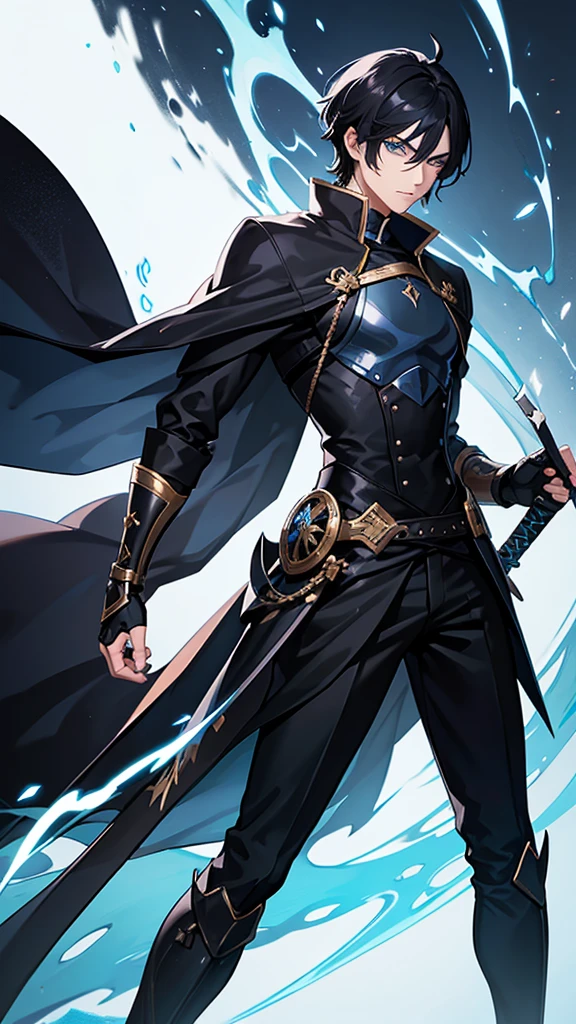 Male character with black hair and blue eyes and swords and black clothes
