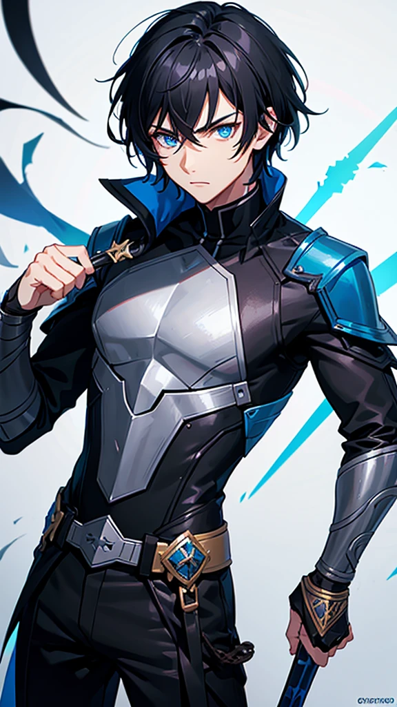 Male character with black hair and blue eyes and swords and black clothes 